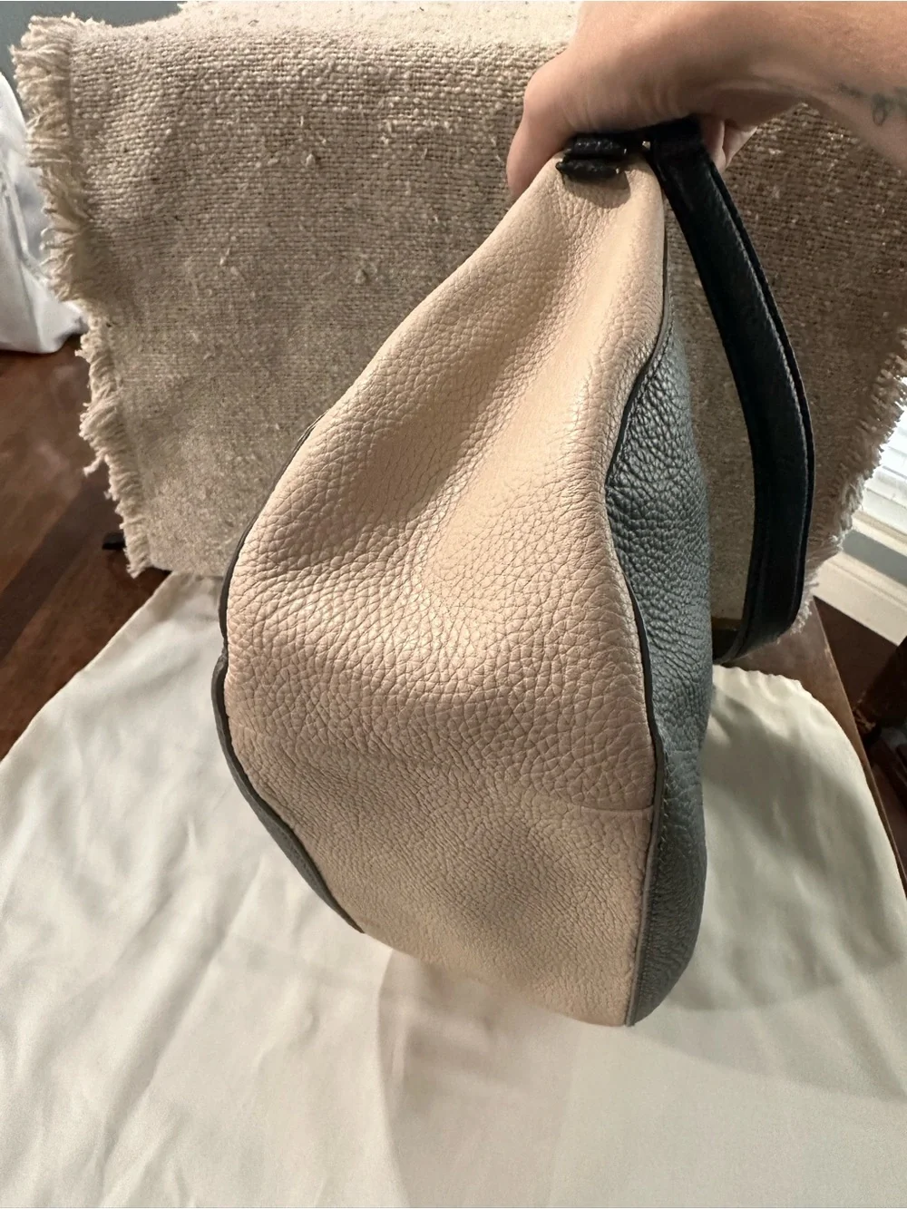 kate spade Gray and Blush Pebbled Leather Shoulder Bag with Black Strap